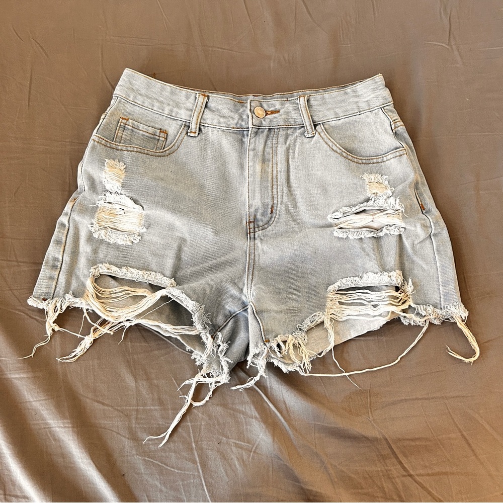 Distressed Light Blue Denim Shorts